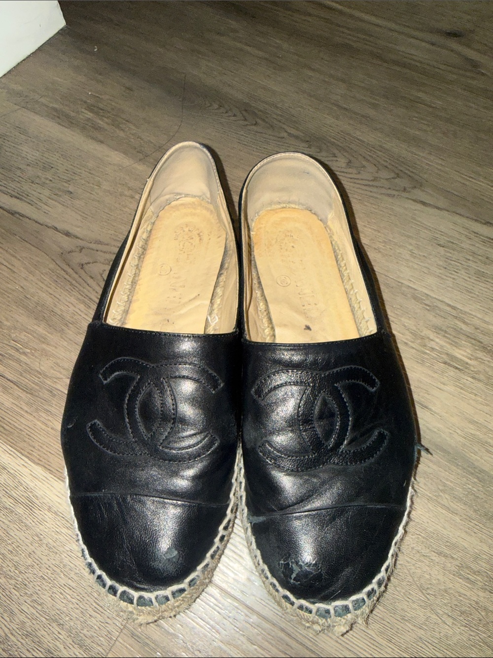CHANEL Black Leather Espadrille Slip-Ons with Interlocking CC